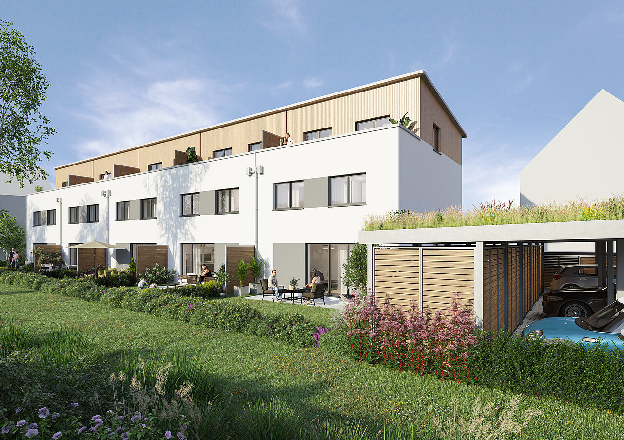 Fünf moderne Reihenhäuser Gartenansicht