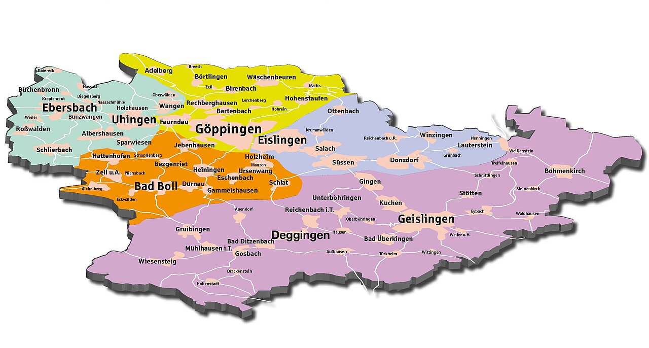 Karte des Landkreises Göppingen mit farblich markierten Gemeinden und deren Namen